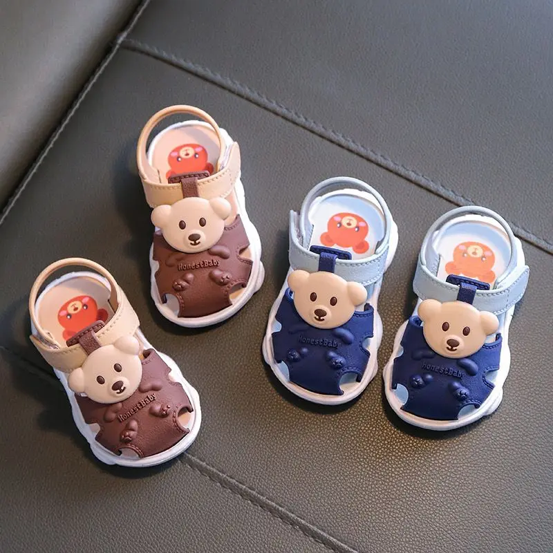 Summer Aged 0-2 Cute Cartoon Bear Toddler Baby Shoes For Boys Non-Slip Soft-Soled Children Indoor Kids Sandals With Covered Toes