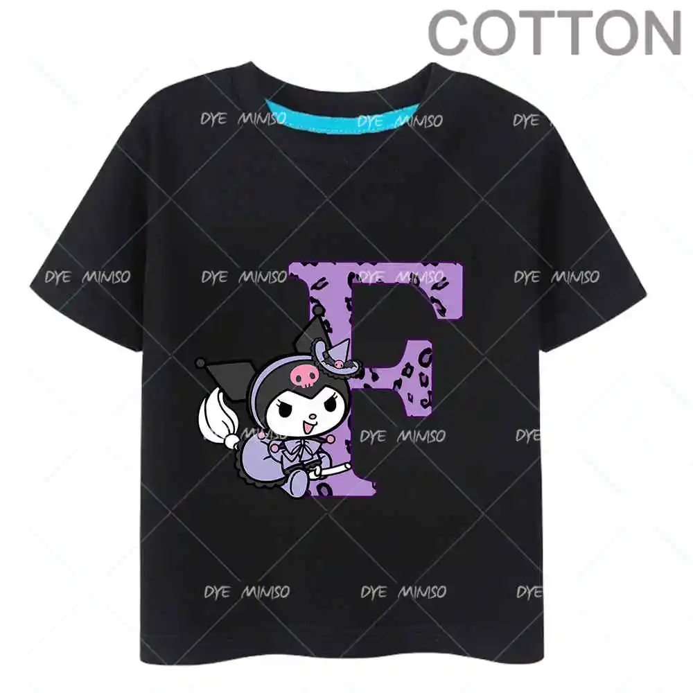 Schwarz kuromi anime buchstabe abcd baumwolle kinder t-shirt name kombination t-shirts cartoons kawaii kind lässig mädchen junge harajuku