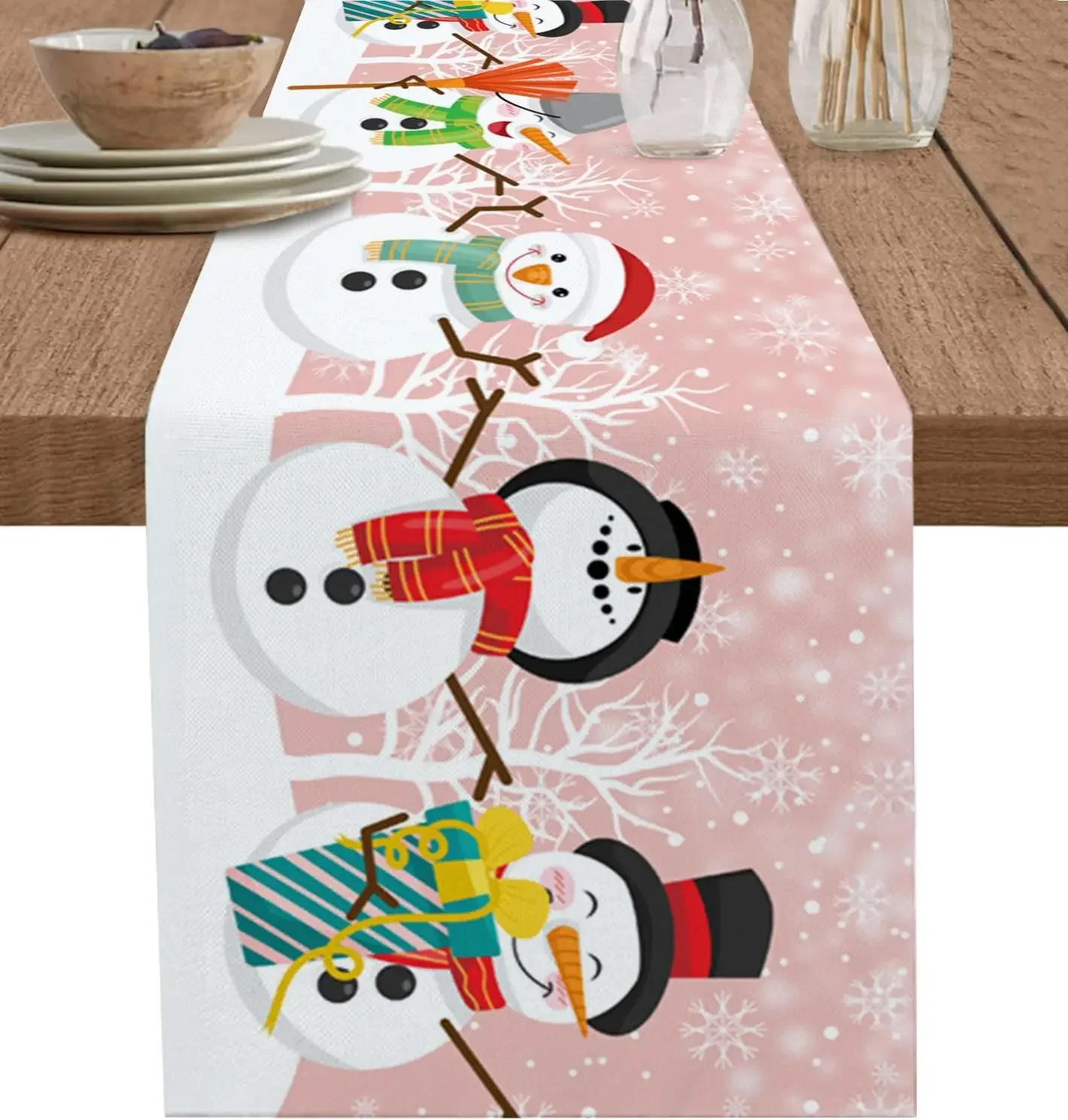 Christmas Snowman Pink  2026 Table Runner Party Decor Reusable Winter Xmas Kitchen Dining Table Runner Christmas Decorations