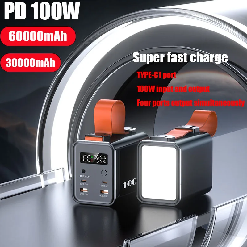 PD 100W 30000mAh 60000mAh Power Bank Station Outdoor Energy Portable Power Bank Solar Generator For Camping Phone Fast Charge