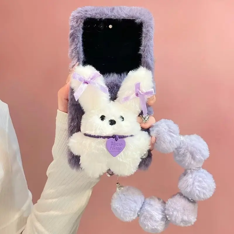 Cute 3D Plush Bow Bunny Fuzzy Phone Case for Z Flip 8-3 Pom Pom Bead Wrist Strap Protective Cover for Samsung Galaxy Z Fold 8-3