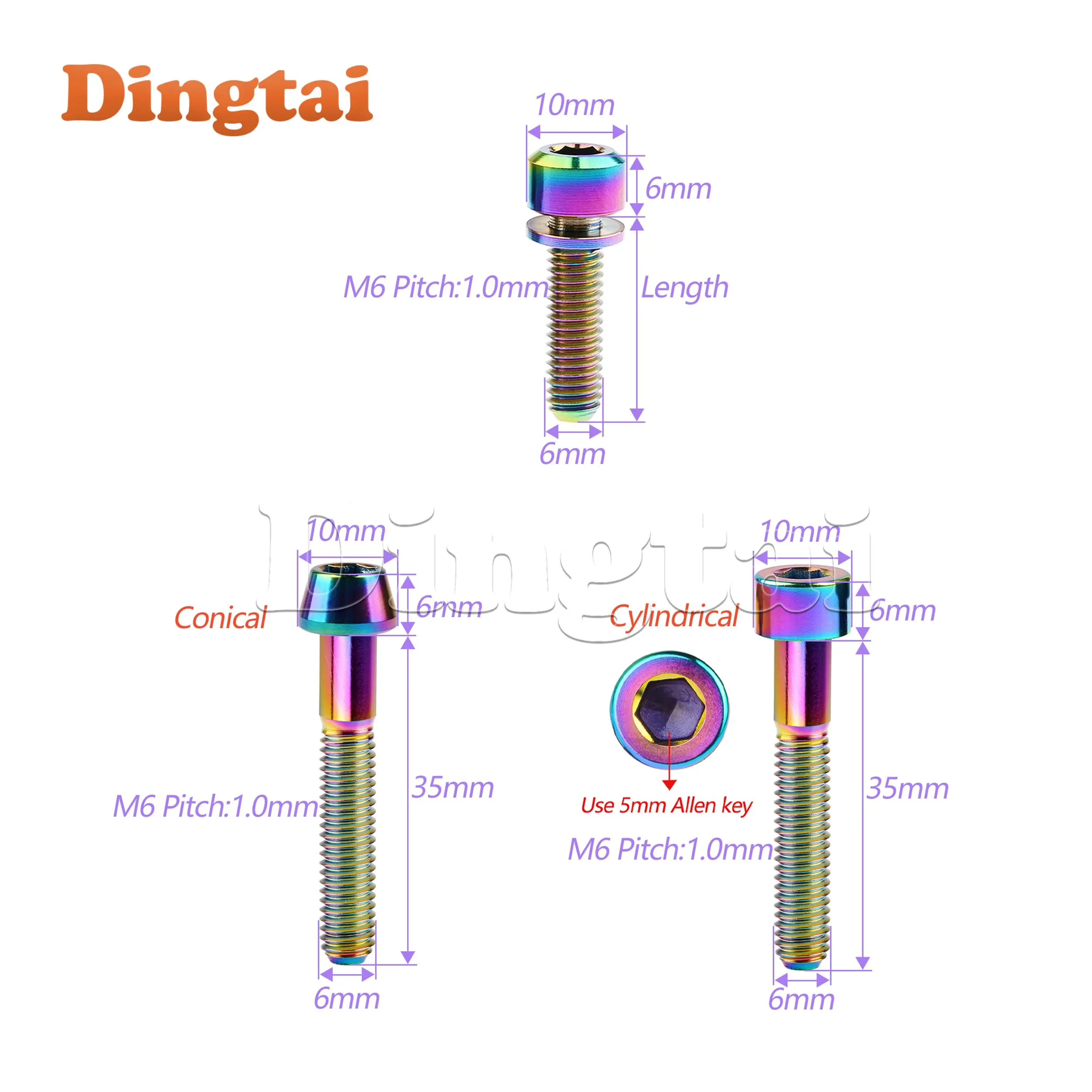 Dingtai Titanium Bolt 1Pcs M6x35mm Taper Screw/Square Screw & 6Pcs M6x16 18 20 25 35mm Bolt with Washers for Bike Parts Fastener