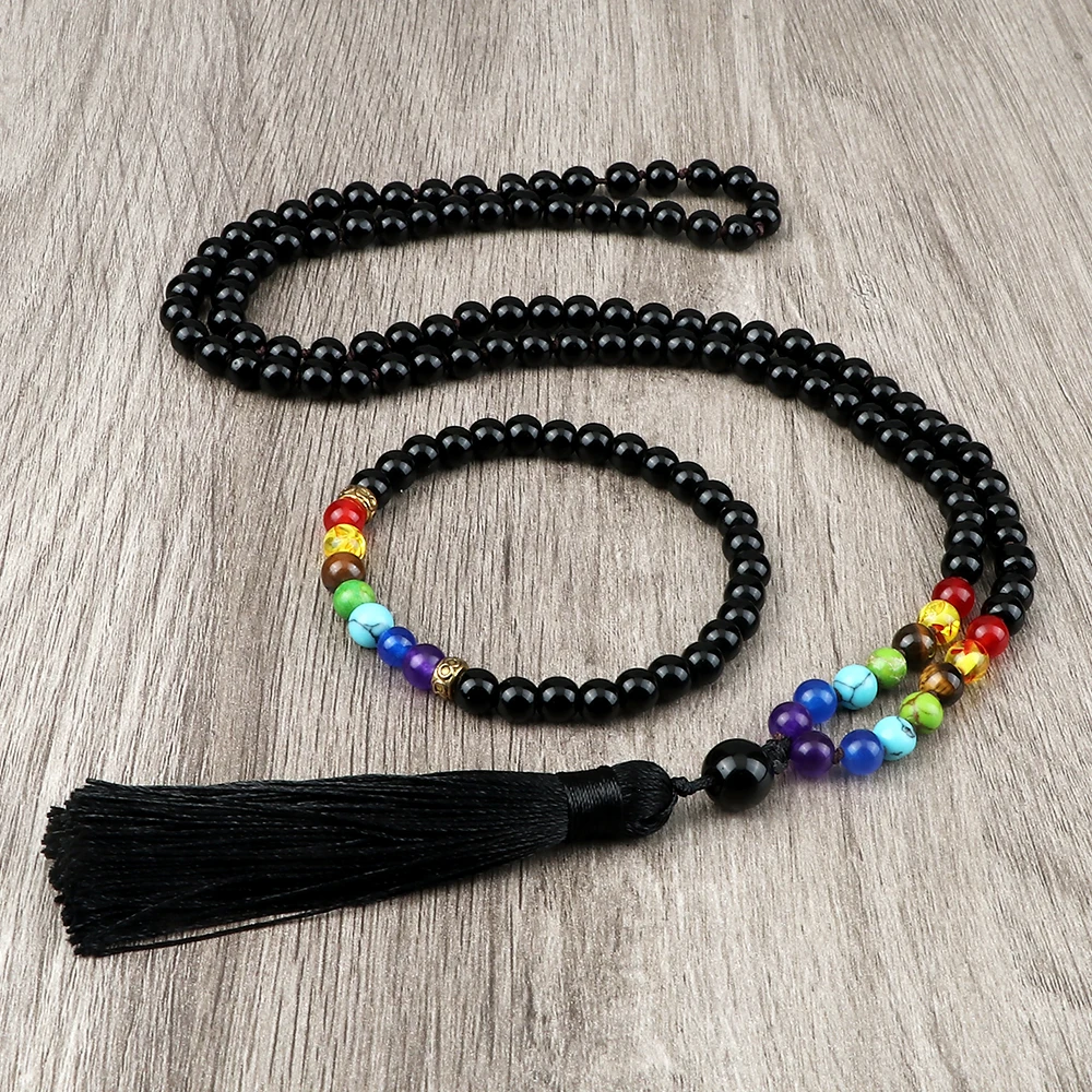 7 Chakra 108 Mala Beads Knotted Necklace Shiny&Matte Black Onyx Men Bracelet Fashion Women Tassel Rosary Meditation Jewelry Set view 2