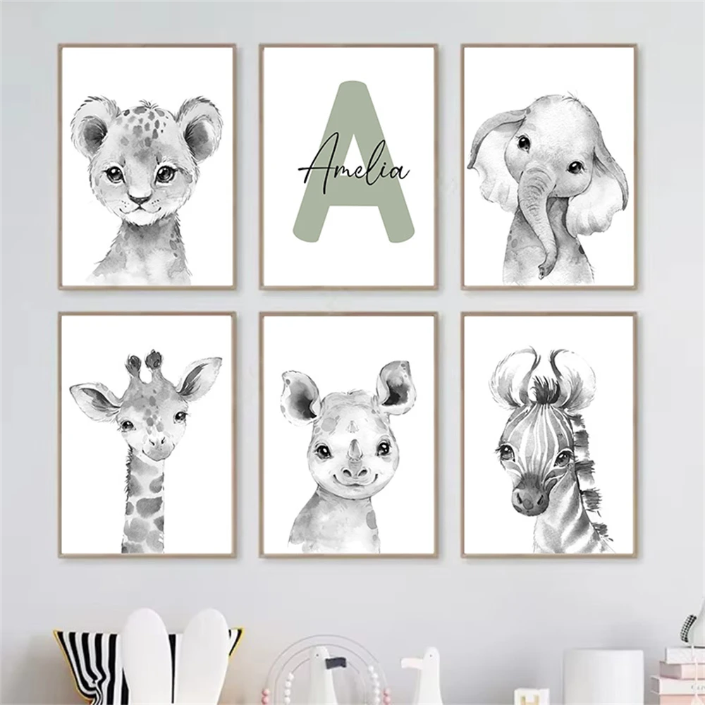 

Jungle Animal Nursery Wall Art Print Personalized Name Poster Lion Elephant Canvas Painting Nordic Wall Pictures Baby Room Decor