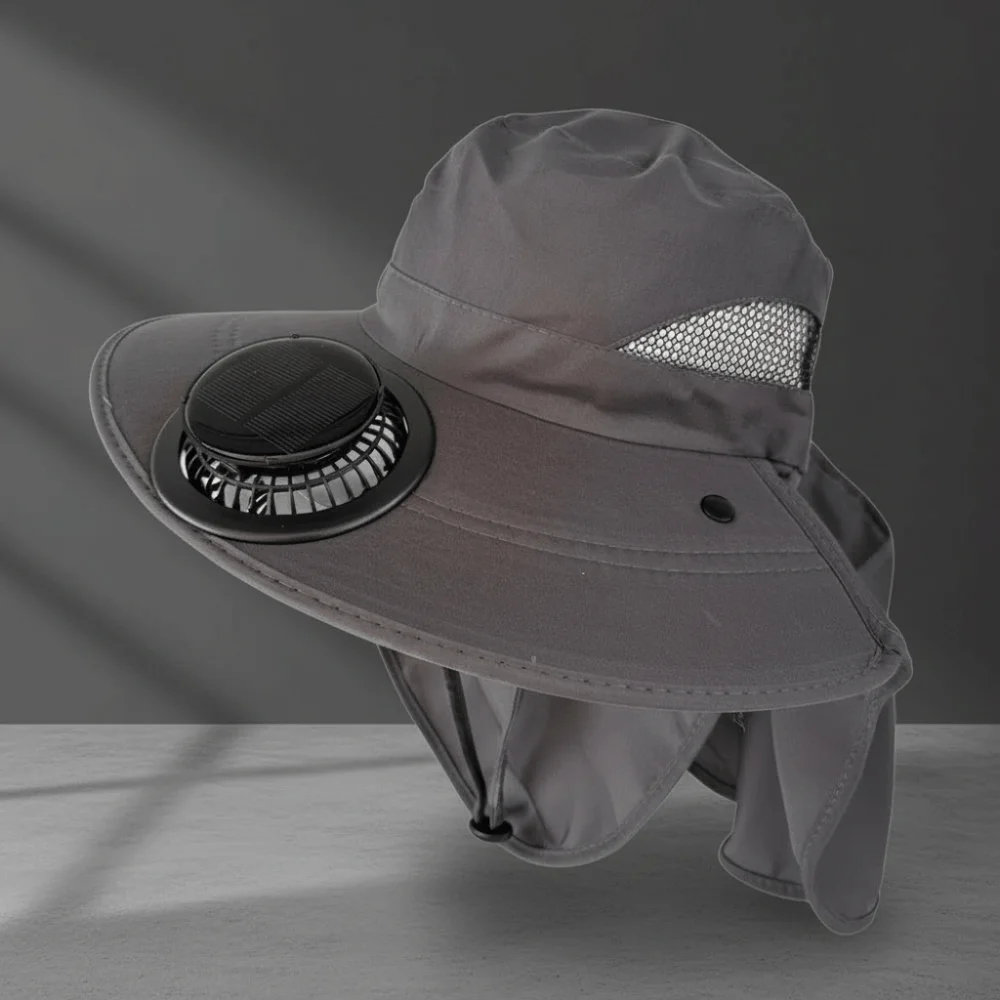 Portable Solar Rechargeable Fan Hat Long-lasting Adjustable Fishing Sun Shading Cap 300mA with Face Cover Wide Brim Fan Hat