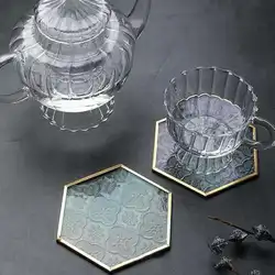 Window Grille Glass Coaster Gold Copper Embossed Pattern Hexagonal Glass Coaster Dining Table Insulation Pad Teacup Mat