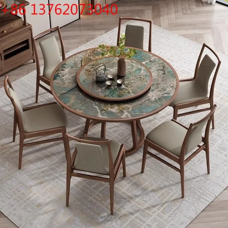 New Chinese black walnut modern home rock slab round dining table and chair combination round table