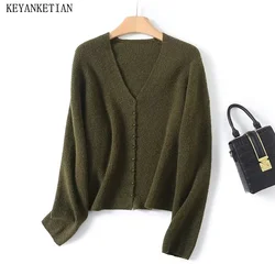 KEYANKETIAN 2024 New Launch Women Army Green Knit Top Spring Simply Single Breasted  V-Neck Loose Wool Blend Short Sweater