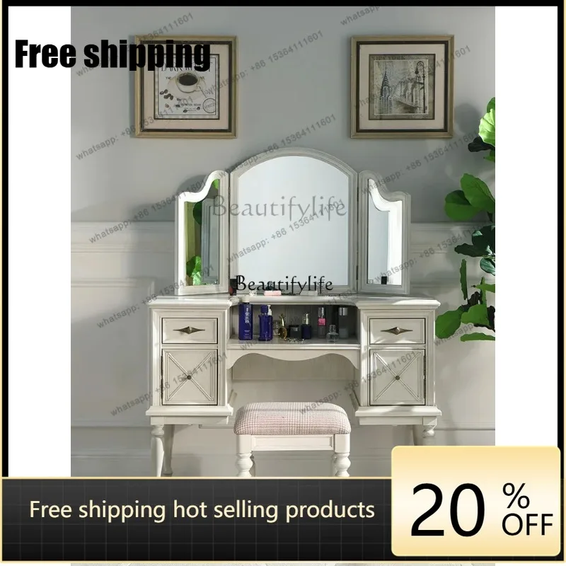 JJ American-Style Solid Wood Integrated Dressing Table Combination Flip Trifold Mirror Light Luxury Makeup Mirror CombinationLX