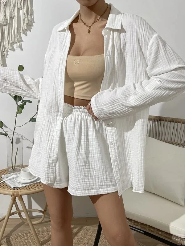 Pure Cotton Gauze Muslin Sets For Women Two Pieces Set Long Sleeve Shirts And Loose High Waist Mini Shorts Sets Ensemble Femme