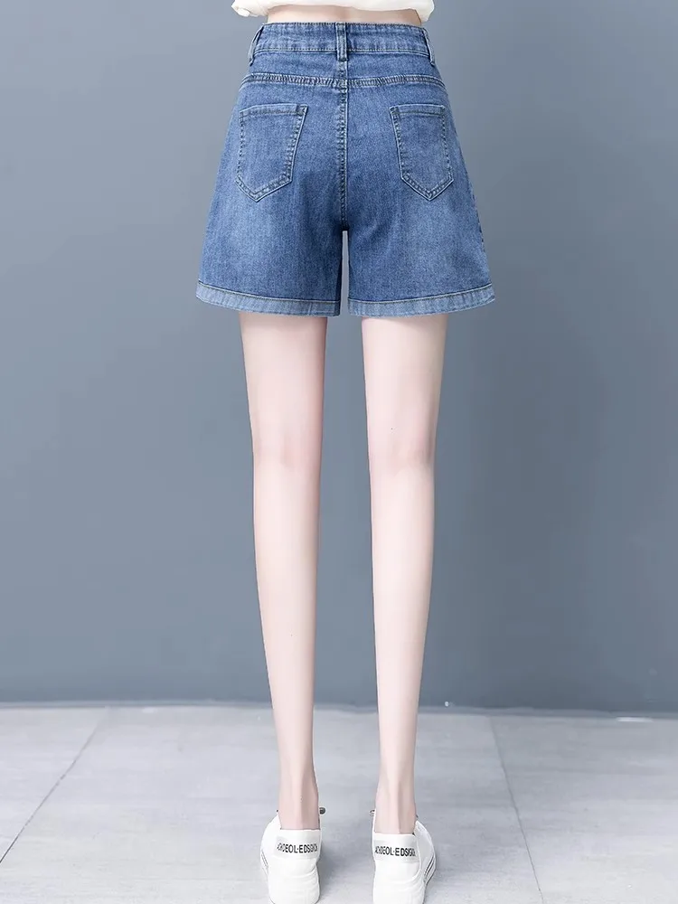 

Летние тонкие свободные женские джинсовые брюки с высокой талией и широкими штанинами, утягивающие шорты длиной пять четвертей, повседневные брюки на молнии C...