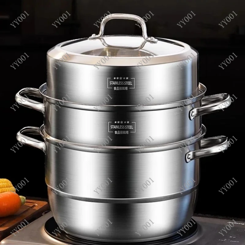 304 Stainless Steel 3-Tier Steamer Thickened Large Capacity for Induction & Gas Cooker