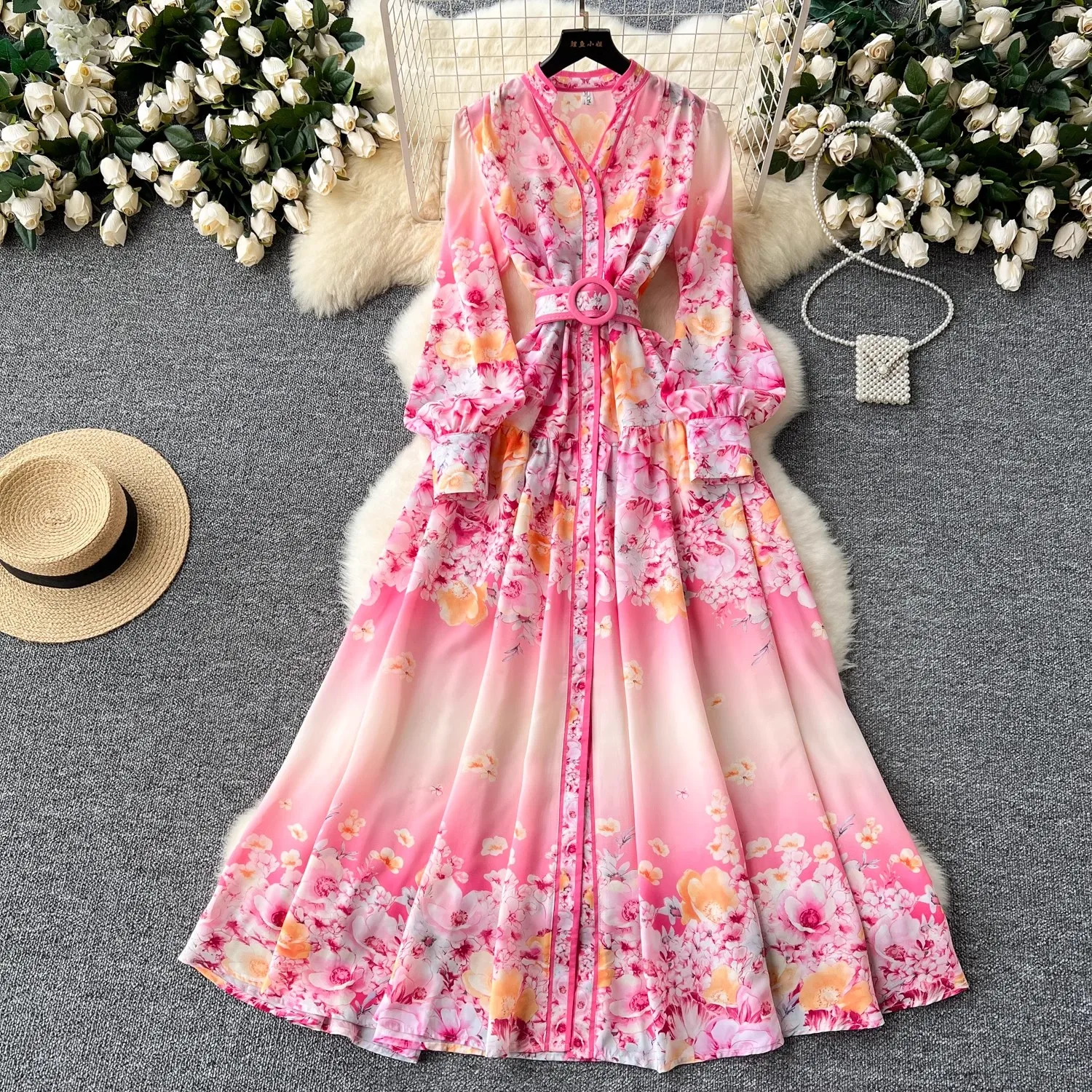 Elegante Herfst Roze Prachtige Bloem Vakantie Lange Jurk Boho Vrouwen V-Hals Lantaarn Mouw Print Chiffon Riem Maxi Robe Vestidos