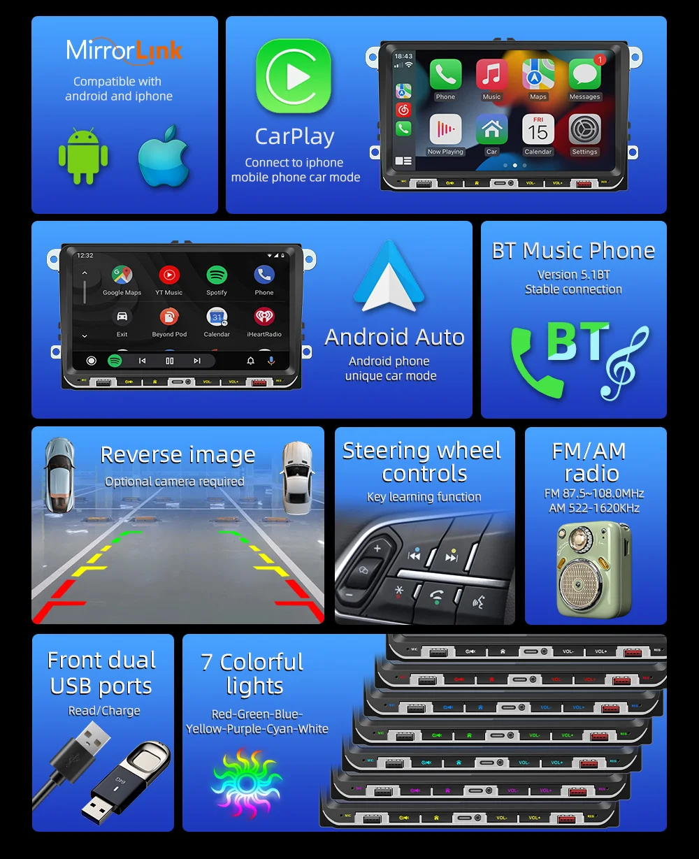 BQCC 9 بوصة لفولكس واجن بولو جيتا سكودا اوكتافيا 2 جولف 5 7 توران بولو تيجوان سيارة MP5 مشغل وسائط متعددة Carplay BT