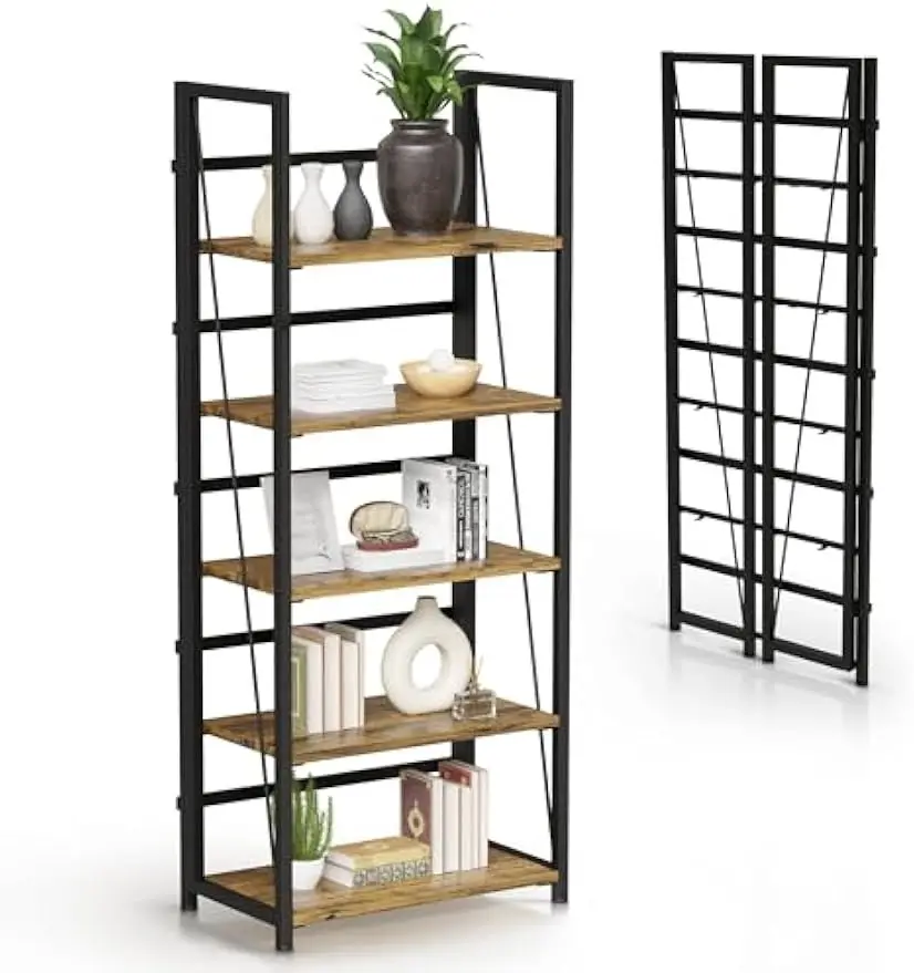 5 Tier Wood Book Shelf Organizer, No Assembly Bookshelf for Bedroom Living Room Office, Rustic Foldable Book Case, Tall Bookshel