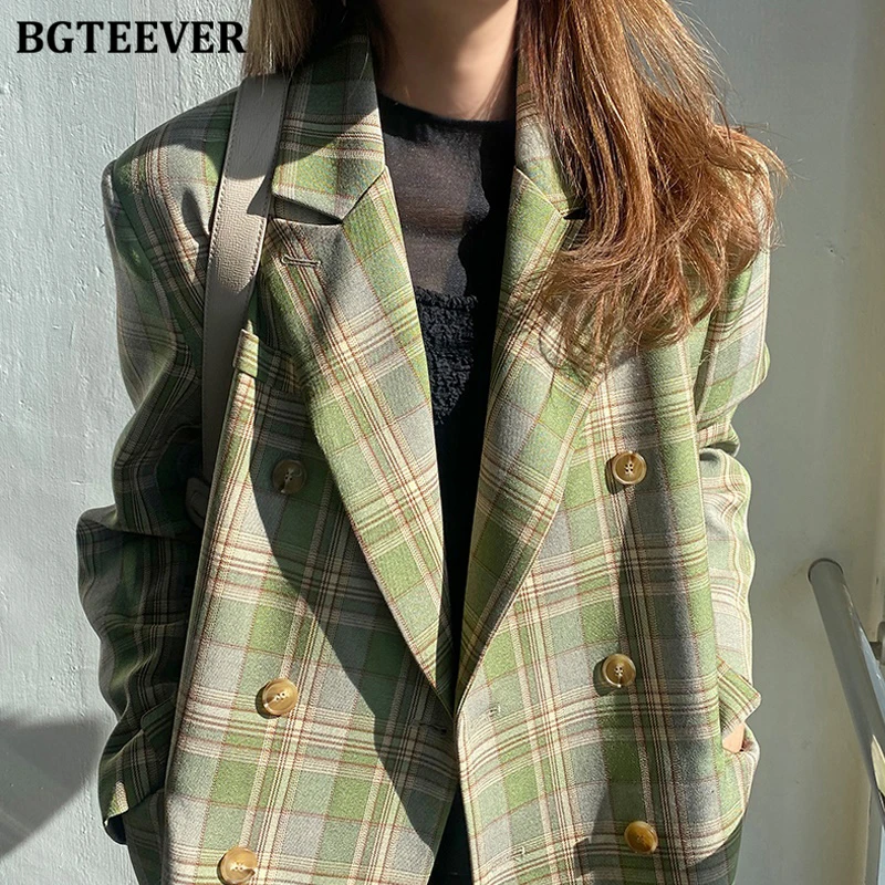 BGTEEVER Casual Double Breasted Notched Collar Ladies Plaid Blazer Spring Vintage Long Sleeve Loose Female Suit Jackets