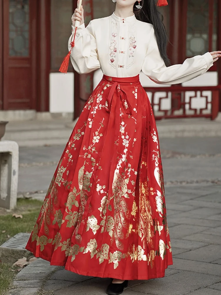 Gold Print Horse Face Skirt Women Floral Pleated Skirt Spring Autumn Hanfu Lace Up High Waisted Embroidery Long Skirt femme