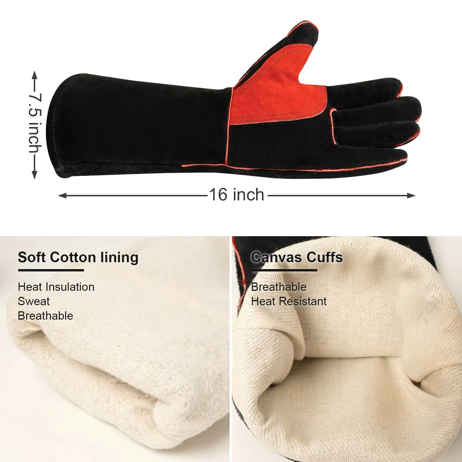 Welding Gloves For Welder Works with Black Palm Welders Thick Cow Split Leather Kitchen Stove Heat Puncture Resistant BBQ Glove