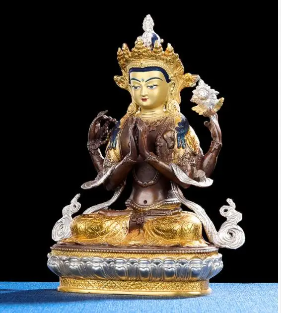 21cm large HOME Temple Family efficacious Protection Tibetan Buddhism gilding Four arm Guanyin Avalokiteshvara buddha statue