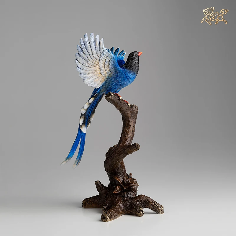 HOME Company shop stock market Money drawing Auspicious GOOD Luck bird Magpie Talisman brass Sculpture Decoration mascot