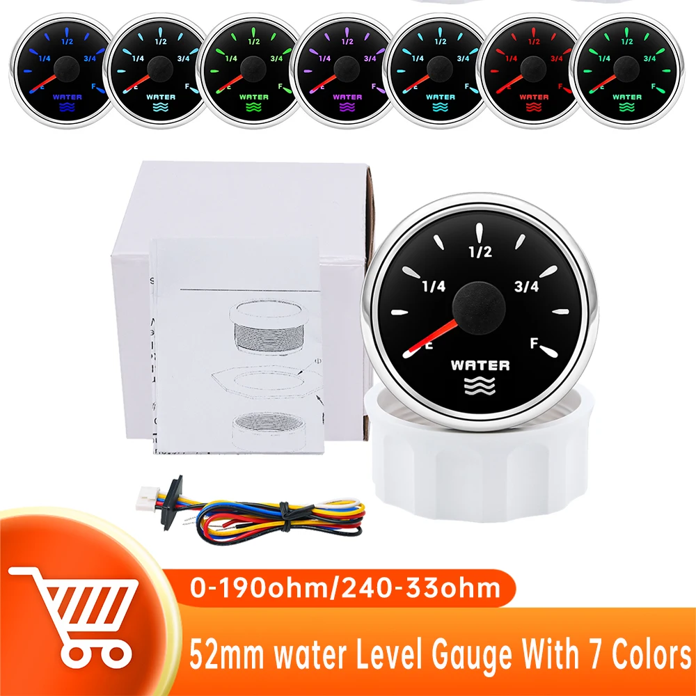 

52mm Water Tank Level Gauge with 7 Colors Backlight 0-190 Ohm/240-33Ohm Waterproof Pointer Gauge for Car Marine Boat