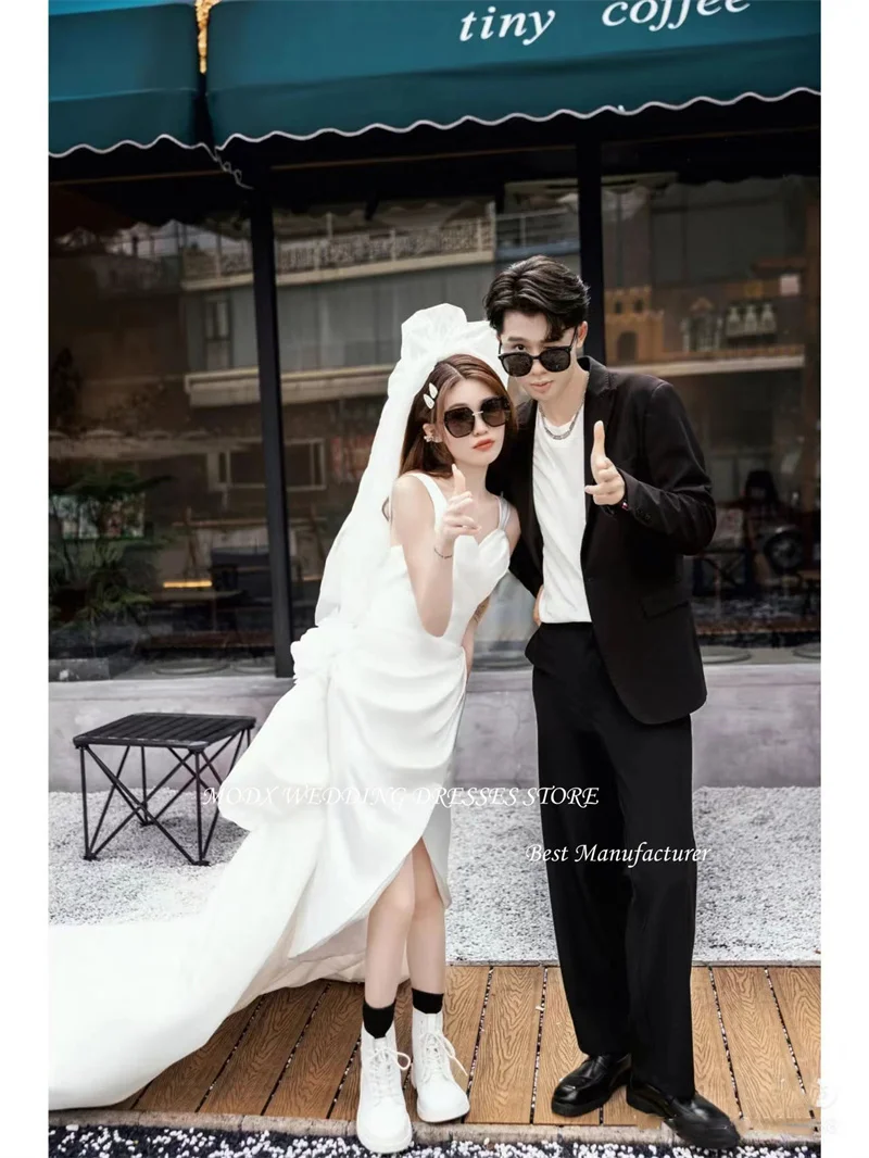 MODX Simple Soft Satin Split Wedding Dresses Straps Plain Tea-Length Short Bridal Gowns Formal Party Dress Korea Photo shoot