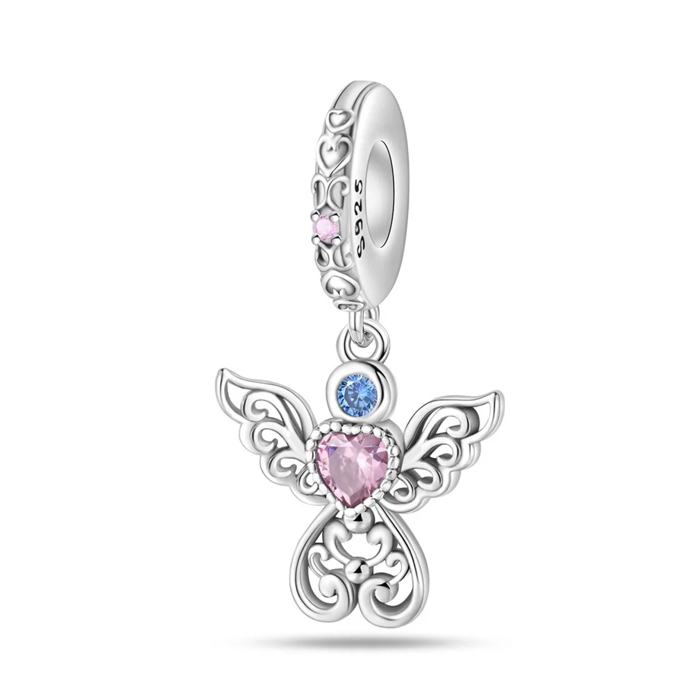 Romantic 925 Sterling Silver Pink Love Guardian Angel Charm Fit Braelet Women's Birthday Party Jewelry Accessories