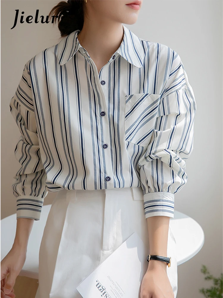 Jielur Vintage Striped Shirts Women Spring New French Elegant Lady Blouses Blue Long Sleeved Chic Pocket Top Shirt Female