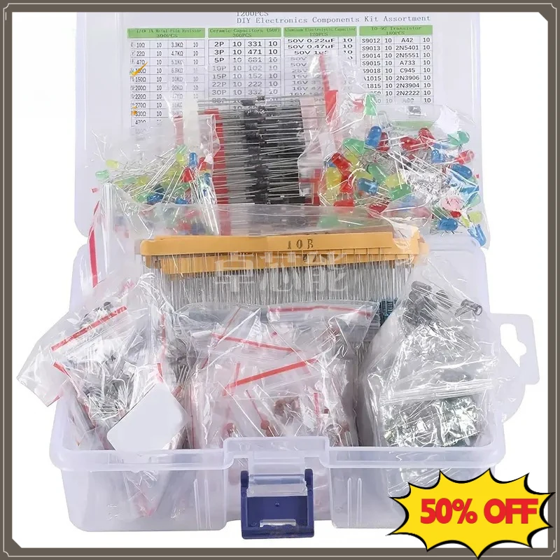1500PCS 7 Kinds Electronic Components Kit Resistor Electrolytic Capacitor LED Diode Transistor Ceramic Capacitor Assortment Set