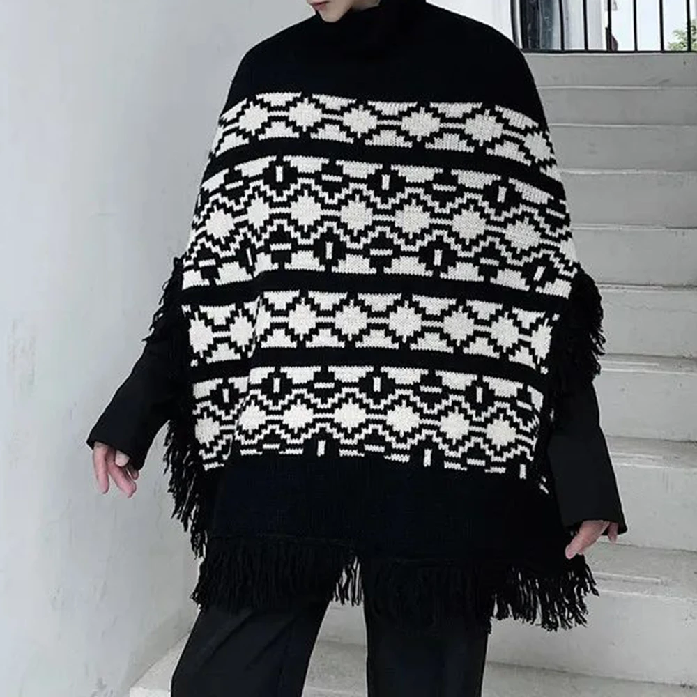 Mens Personalized Turtleneck Tassel Shawl Sweater Genderless Dark Style Geometric Pattern Jacquard Trendy Loose Cloak Unisex