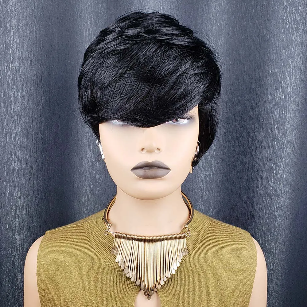 Pixie Cut Wigs for Black Women Human Hair Short Layered Wigs Full Machine Made Natural Wig with Bangs