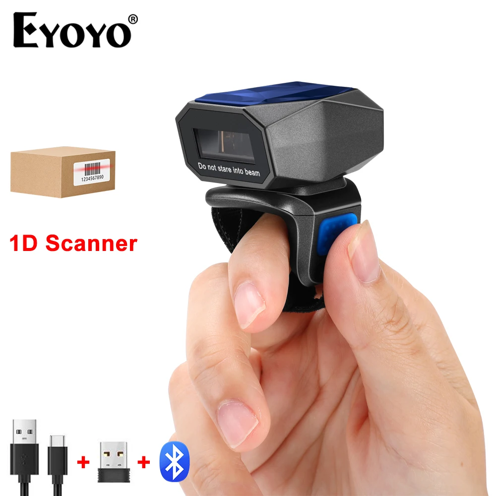 Eyoyo Bluetooth Barcode Scanner 1D Wearable Ring Finger Trigger Portable Bar Code Reader Warehouse Fast Scanning With 2.4G & USB