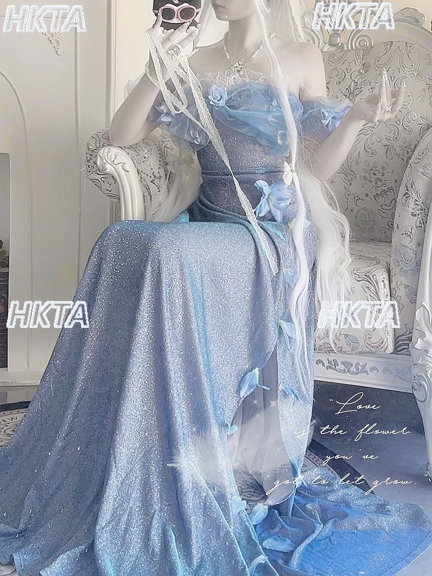 Elegante prachtige handgemaakte blauwe gepolariseerde groene prinsessenjurk zomer zoet uit de schouder slanke verjaardag swingende jurk dames