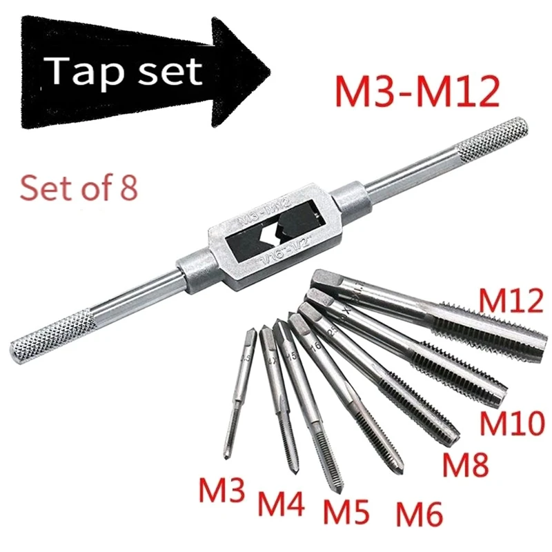 8Pcs Hss Hand Screw Tap Die Wrench Schroefdraad Plug Tap M3 M4 M5 M6 M8 M10 M12 Met Verstelbare Tap Wrench 1/16-1/2