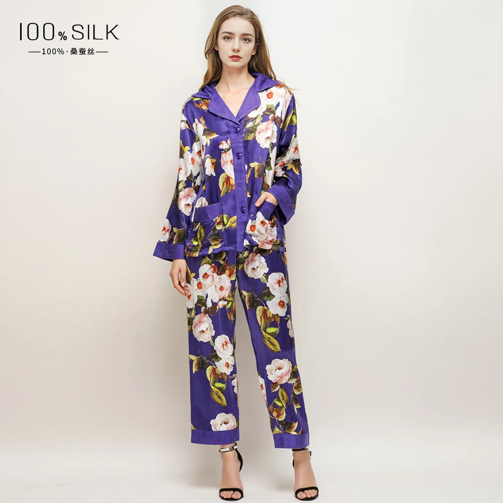 Heavy 100% Mulberry Silk Floral Pajamas for Women Autumn Long-sleeved Trousers Two-piece Set Pure Silk Sleepwear Pajama Set