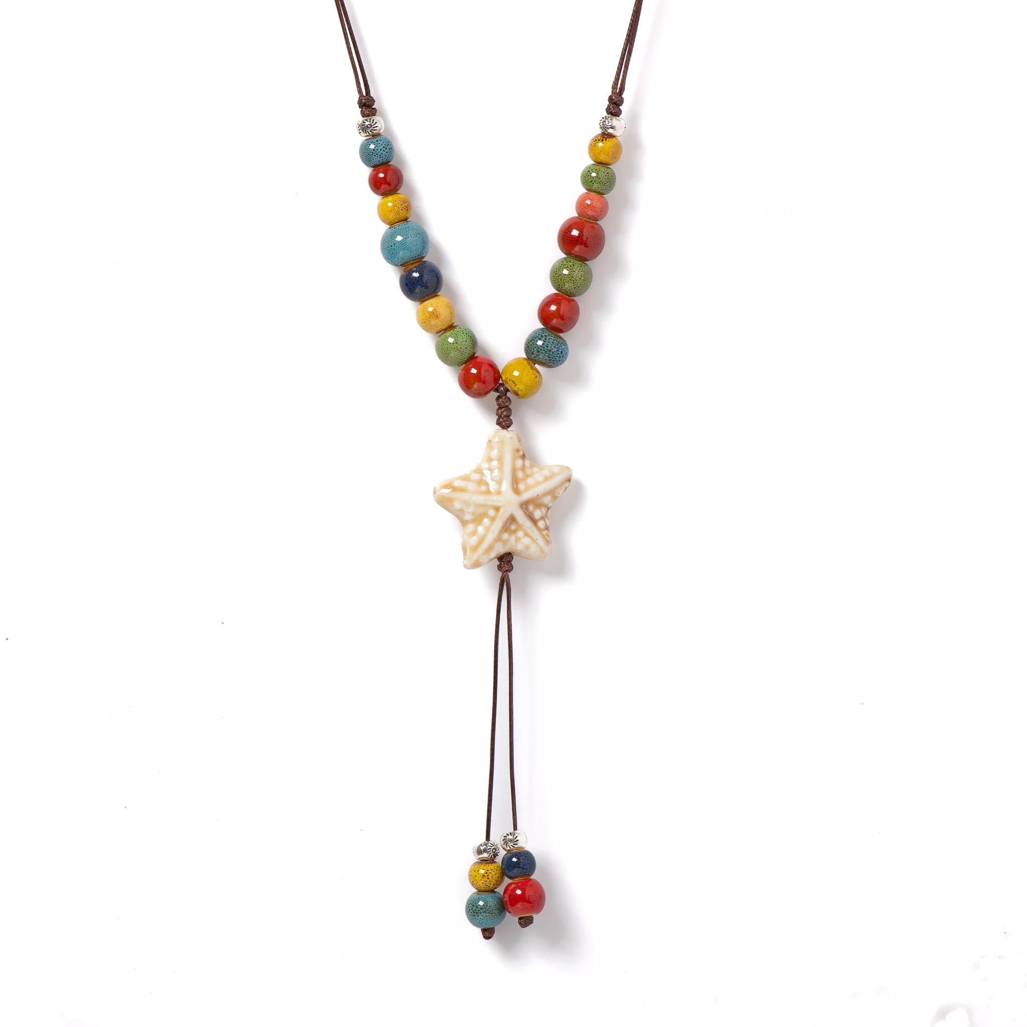White Star Ceramic Pendant Necklace Handmade Boho Jewelry Colorful Long Adjustable Chain for Women Gifts 1112