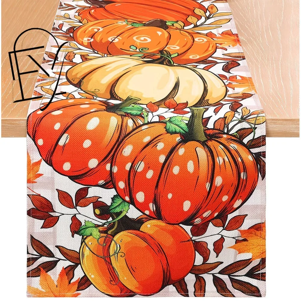 Linen Table Runner White with Autumn Plaid Border, Cute Highland Cow in Scarf with Pumpkins for Farmhouse Fall Gathering