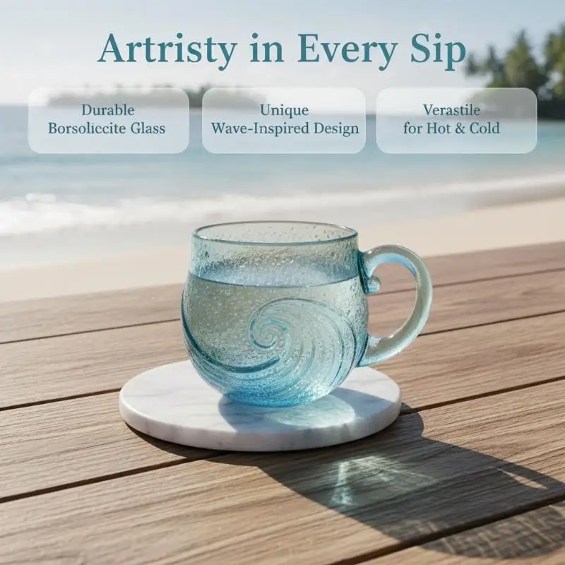Lead-Free Clear Wave Pattern Glass Coffee Mug with Ergonomic Handle for Home Office Drinking Gifting Decor
