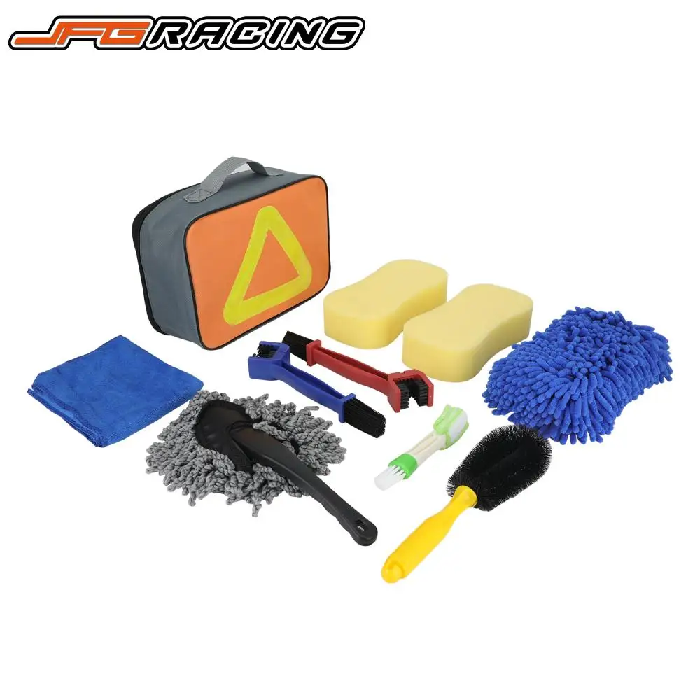 

Motorcycle Cleaning Set Stiff Tire Brush Detailing Brush Easy Reach Brush Large Sponge Microfiber Drying Towel Chain Brush Bag