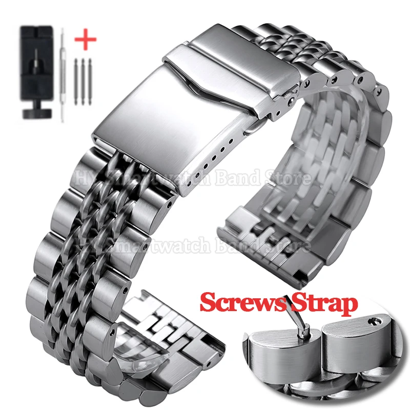 20mm 22mm Stainless Steel Strap for Seiko for Rolex for Jubilee Solid Folding Buckle Wrist Band Screws Link Bracelet Accessories