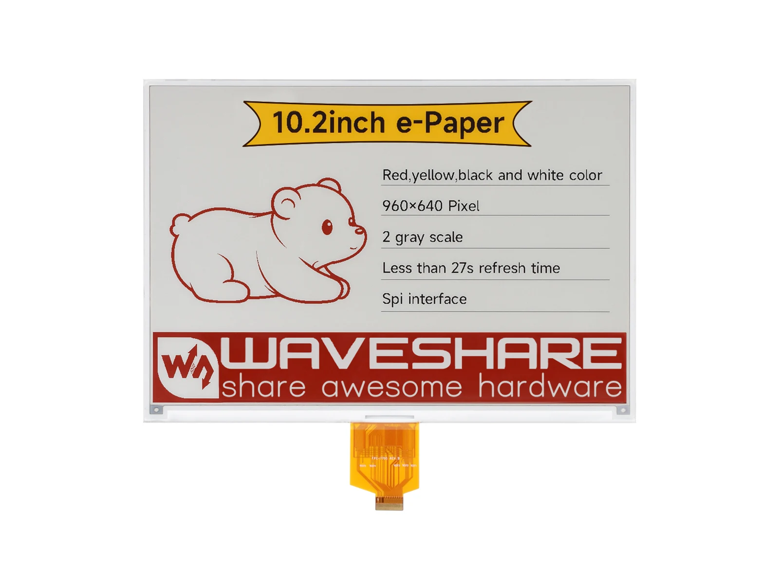 

10.2inch e-Paper display (G), E-ink display, 960x640,Red/Yellow/Black/White,SPI Interface,Paper-Like Effect Without Electricity
