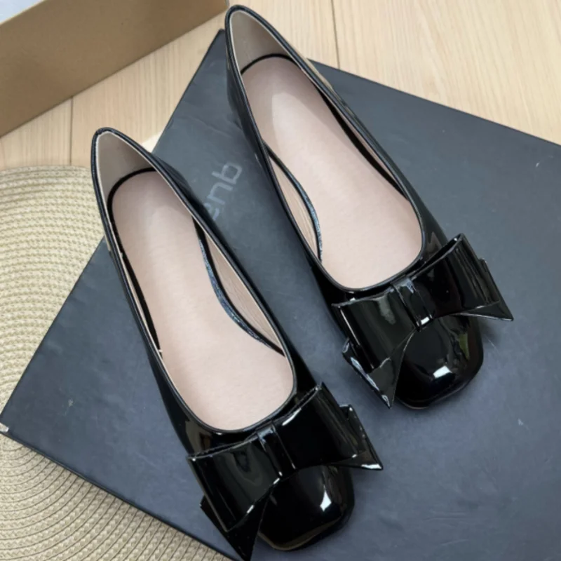 Lady Shiny Leather Flats Square Tip Big Bow Hand Made Beauty Classy Shoes Hot Selling New Arrivals Slip-On 48 33 47 28cm Pinkish