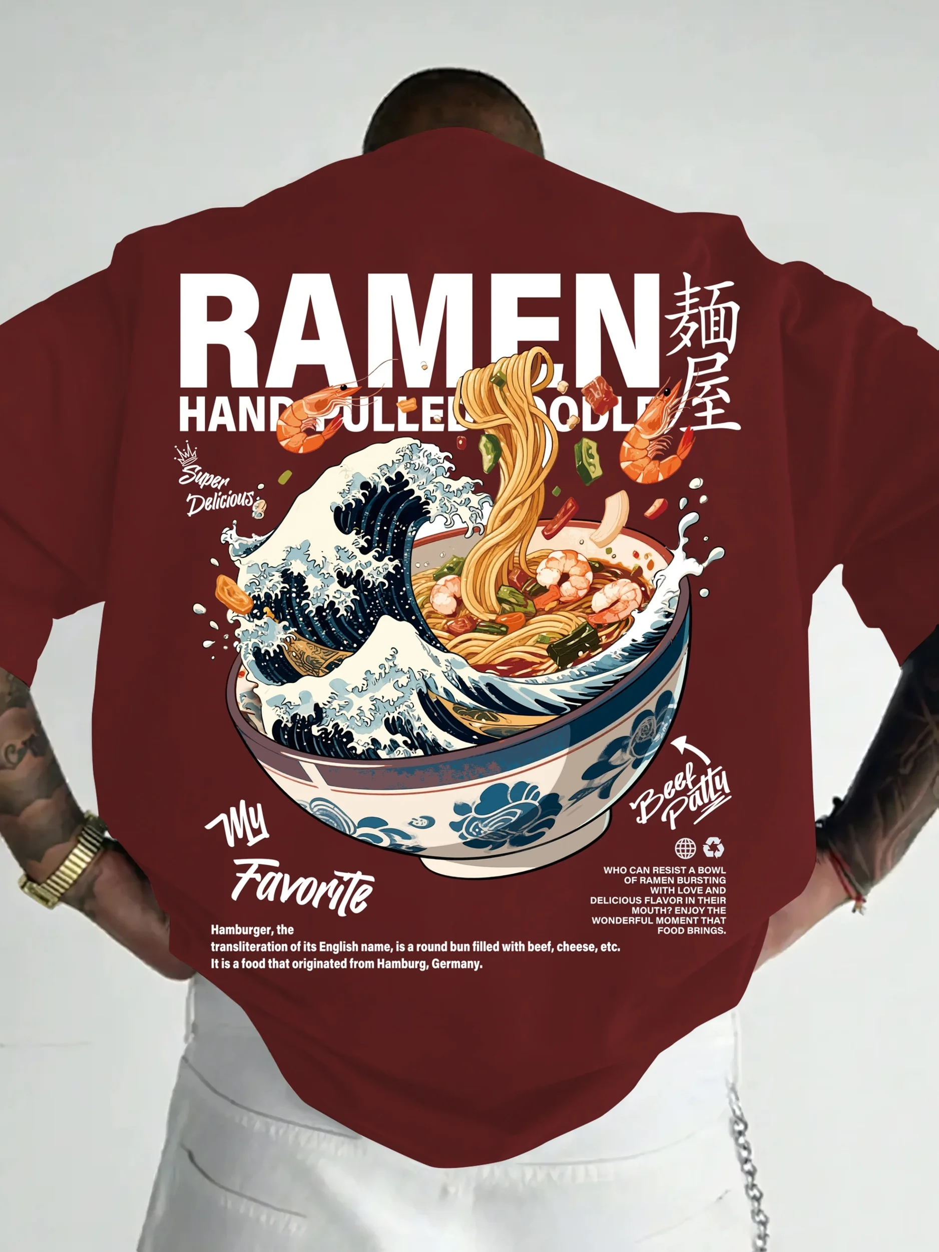 Japanese Ukiyo-e Style Kanagawa Wave Ramen Back 3D Print Summer UnisexLoose Streetwear T-Shirt Suitable for Everyday Casual Wear