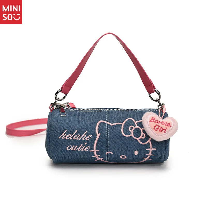 Miniso Cylinder Denim Hello Kitty Bag, Embroidered Tote for Work & Casual Use
