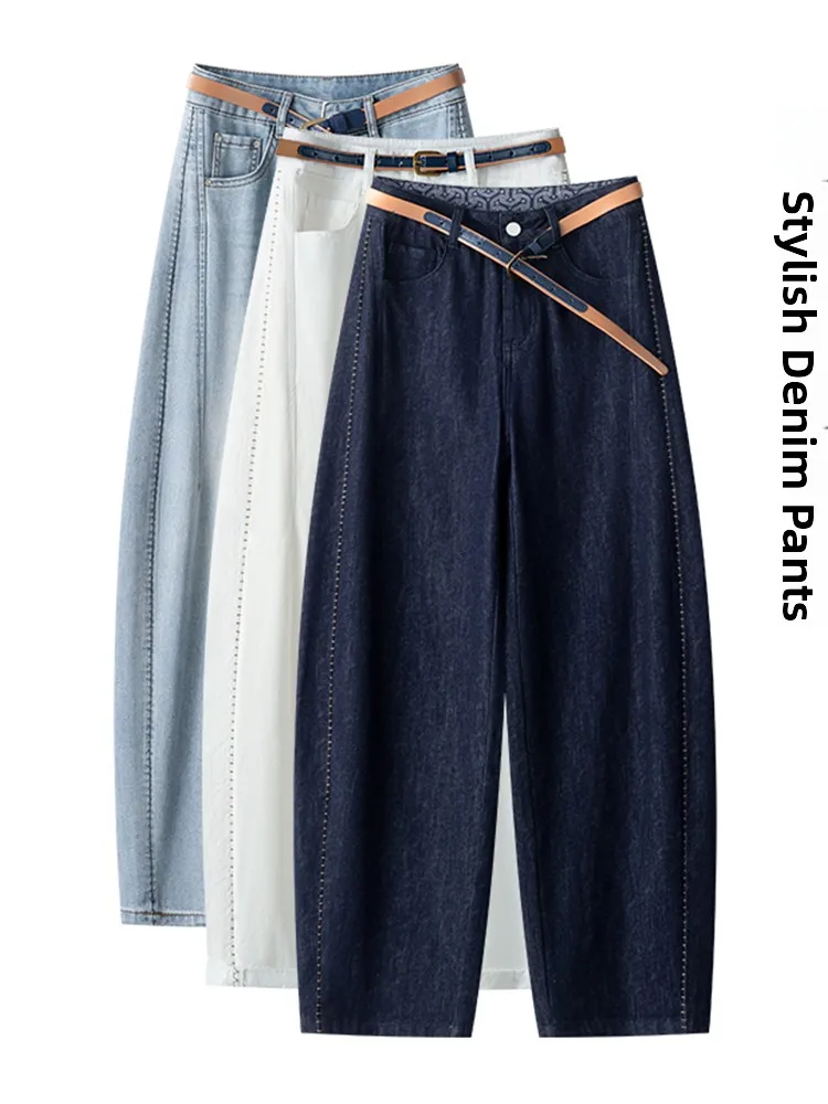 

Женские джинсы с высокой талией, прямые, летние, тонкие, новинка 2026, с отворотами, из денима, укороченные, больших размеров, с эффектом коррекции бедер