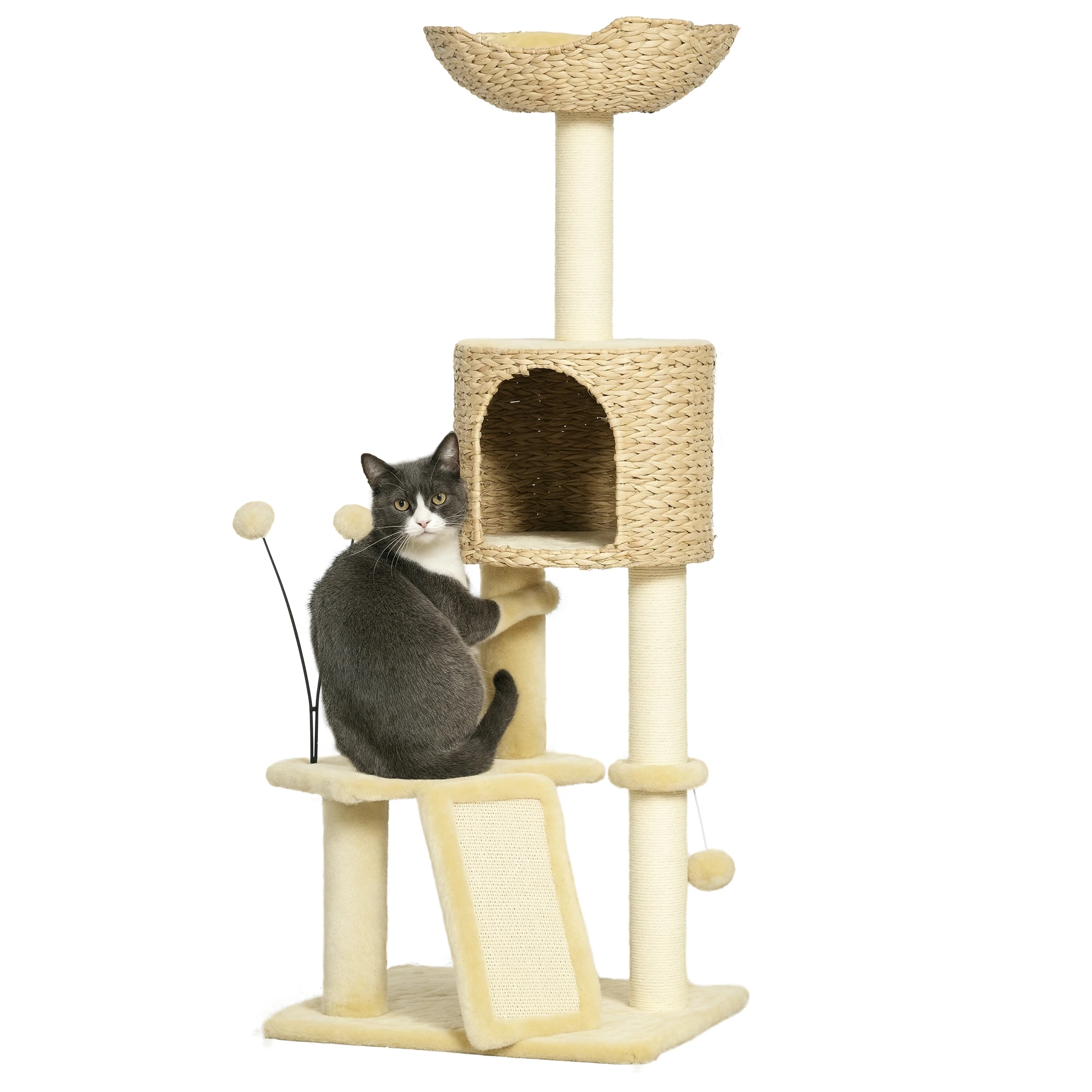 PawHut kattenboom met krabpaal, kattenboom, hoogte, cm, nis, mand, platforms, tampons, katten speeltoren, waterlelie, beige