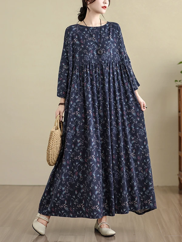 Thickened Long Sleeve Cotton Linen Dress Retro All-Match Print Large Size Women's Fashionable Commute Style A-Line Skirt
