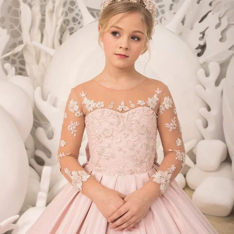 Pink Satin White Flory Pattern With Bow Long Sleeve For Wedding Birthday Party Banquet Gowns Customized Flower Girl Dresses