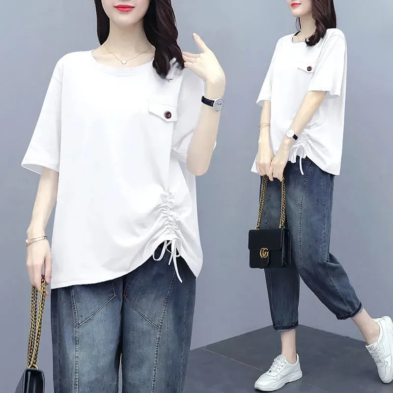 2022 Nieuwe Vrouwen Casual Tweedelige Set Wit Zwart Losse T-shirt Tops + Jeans 2 Stuk Sets Vrouwelijke Denim Broek pak Losse Vrouwen Outfit