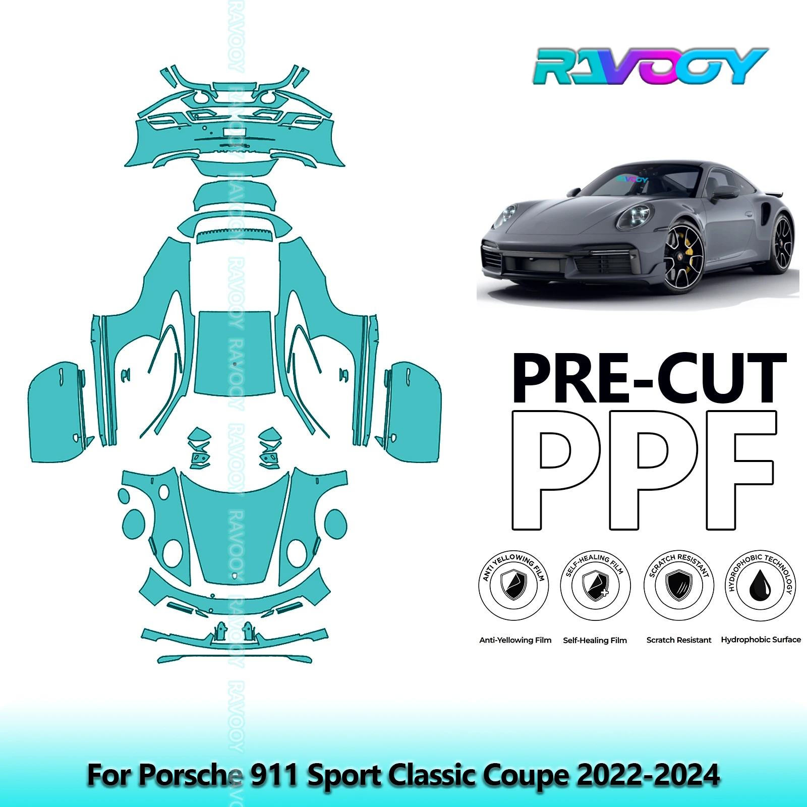 

8.5Mil Precut PPF Paint Protection Film Full Vehicle Clear Bra For Porsche 911 Sport Classic Coupe 2022-2024
